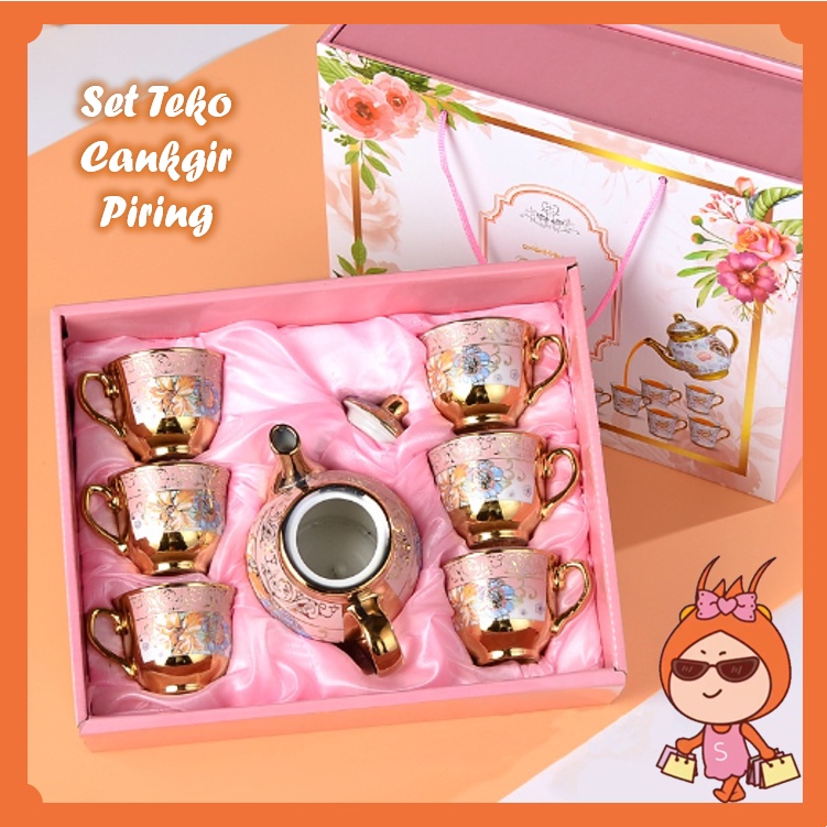 Set Teko Dan Gelas Plastik Cangkir Keramik Air Ceret Glas Steel Tebal Minum Cantik Mini Kecil Aesthe