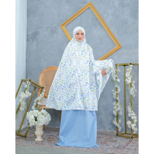 Mukena Katun Jepang Zlassica Pocket Flora Babyblue