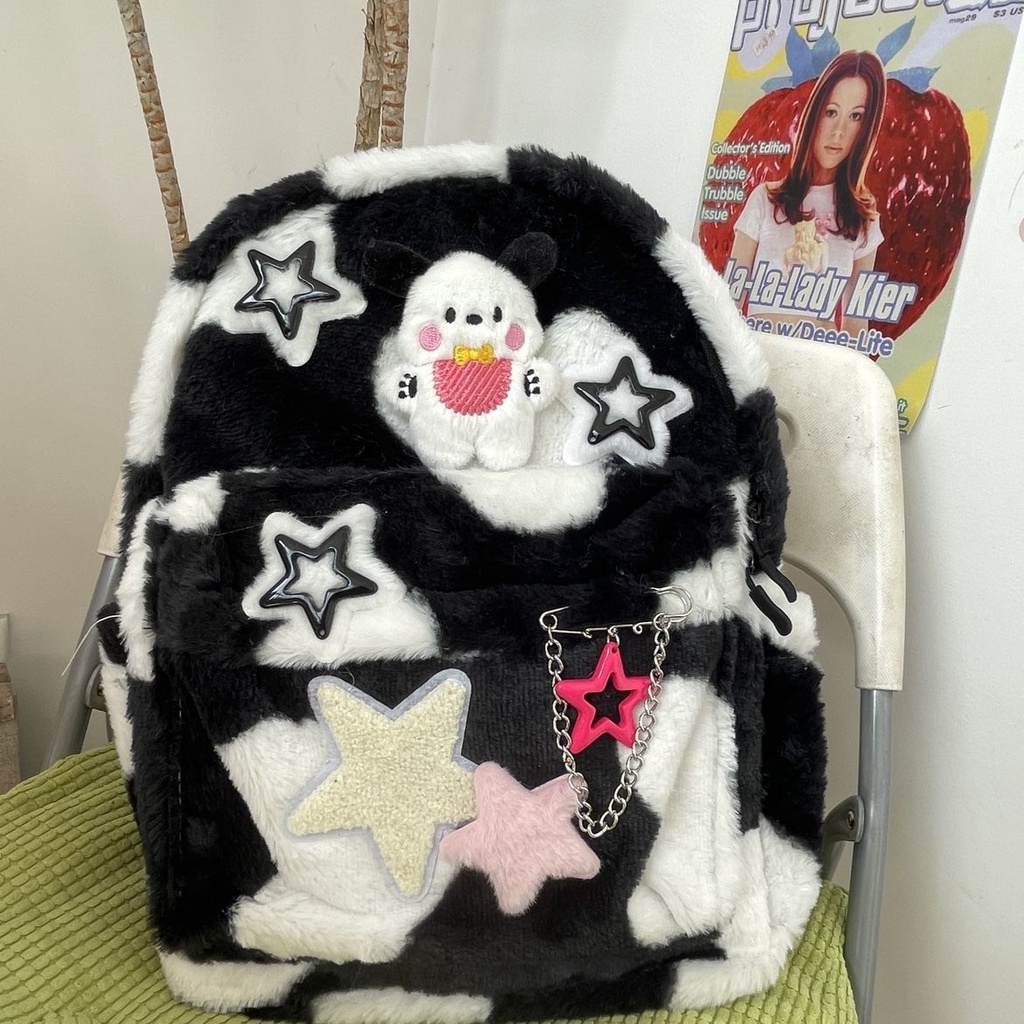 Tas bahu lucu rantai pentagram hitam putih tas sekolah berkapasitas besar wanita korea import fashio