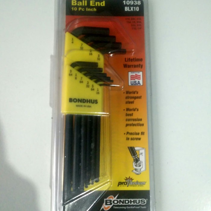Bondhus 10938 kunci L set 10pc 1/16 - 1/4inci ujung bola proguard