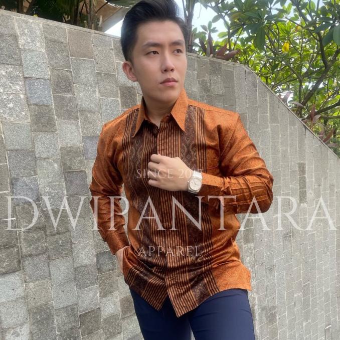 Kemeja Batik Kepi Orange, Kemeja Batik Pria Premium, Satin Furing Original
