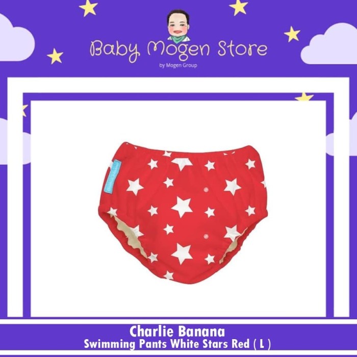 ✅New Ori Charlie Banana 2In1 Swim Diaper  Swimming Pants White Stars Red L Diskon