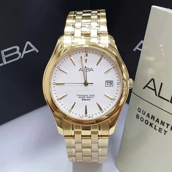 ✅Ori Jam Tangan Rantai Pria Classic Alba Axhk82 Gold White Dial Original Terbaru