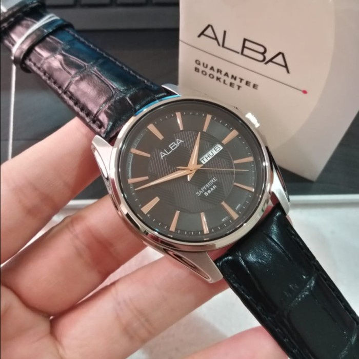 ✅Sale Aj6105X1 Alba Sapphire Silver Black Leather Jam Pria Original Bisa Gojek