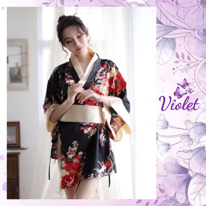 VIOLET SET LINGERIE SEXY + G STRING MODEL KIMONO SATIN JEPANG 1146