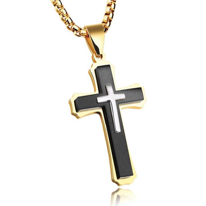Kalung Liontin Salib Pria Warna Putih / Hitam / Emas Rantai Stainless
