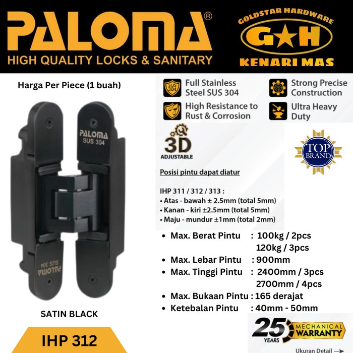 [Ori] Paloma Ihp 312 Engsel Concealed P100 Black Engsel Tanam Pintu Black Limited