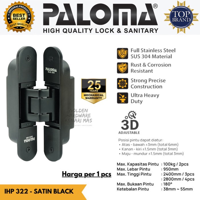 [Ori] Paloma Ihp 322 Concealed Hinge Engsel Pintu Tanam Invisible Black Berkualitas