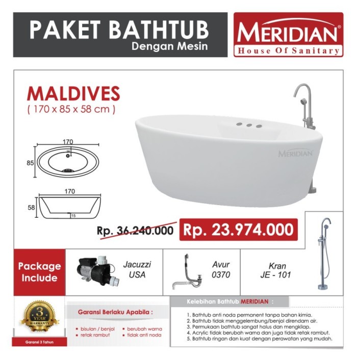 [Ori] Paket Bathtub  Acrylic Crystal  Meridian Maldives Bathtub Standing Berkualitas