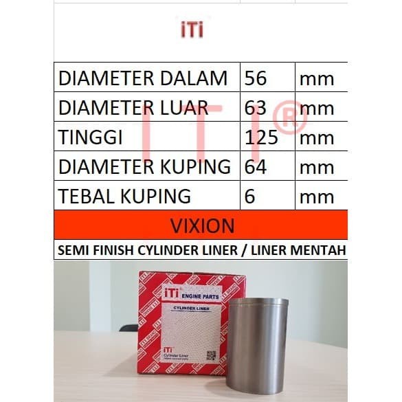 Cod - Cyliner Liner (Boring) Motor Yamaha Vixion Merek Iti Kode 072