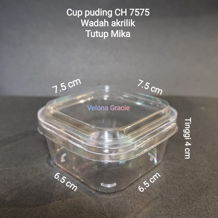 Cup Puding Jelly CH 7575 isi 50 pcs + Tutup Mika Kotak Akrilik Bening