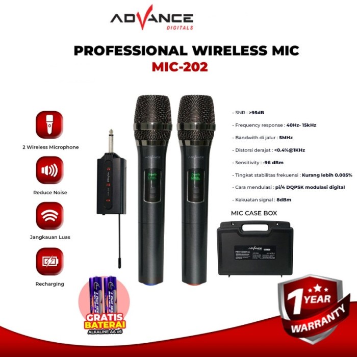 Advance 2 Microphone Mic Wireless Karoke Duet MIC-202