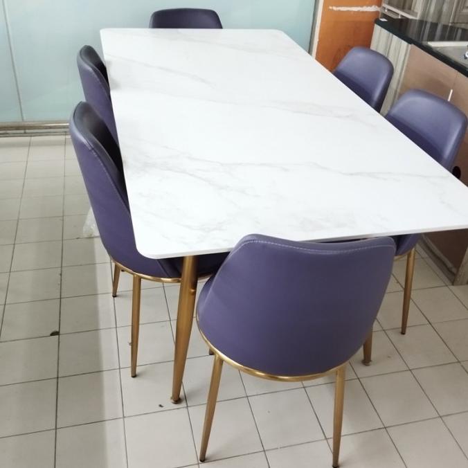 Set Meja Makan+6 Kursi Dining Table White Marmer Desain Minimalis 312 Uuliashopping