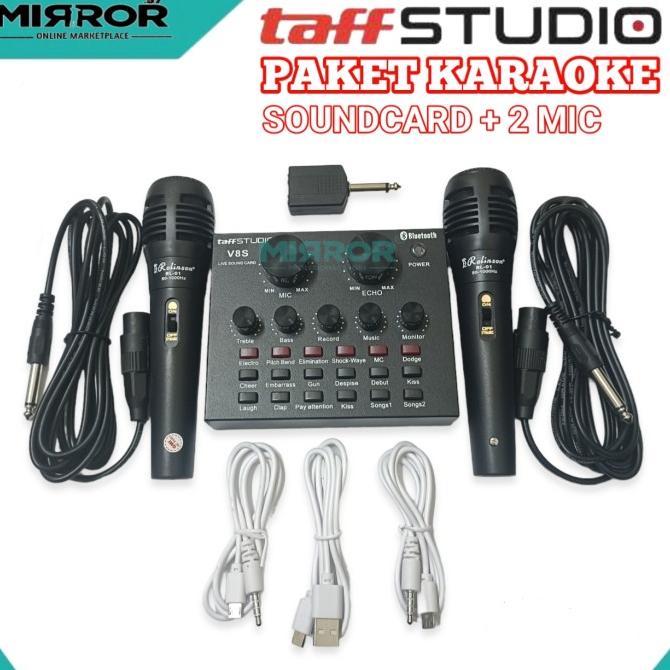 Satu Paket Alat Karaoke Mixer Mini Soundcard Bluetooth V8S TaffSTUDIO