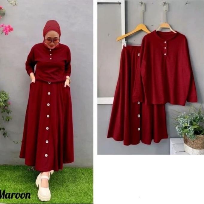 Setelan Rok Wanita Jumbo Kancing Hidup Busui Set Ootd Muslim Kekinian