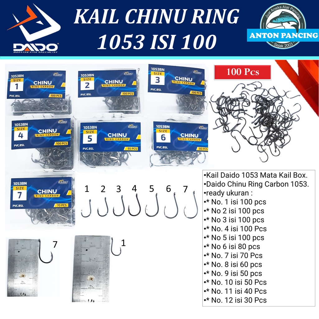 Kail Pancing Daido Chinu Ring Isi 100/Pak Kail Kotak Mata Pancing 1053 No. 1-12 Super Tajam Dan Mura