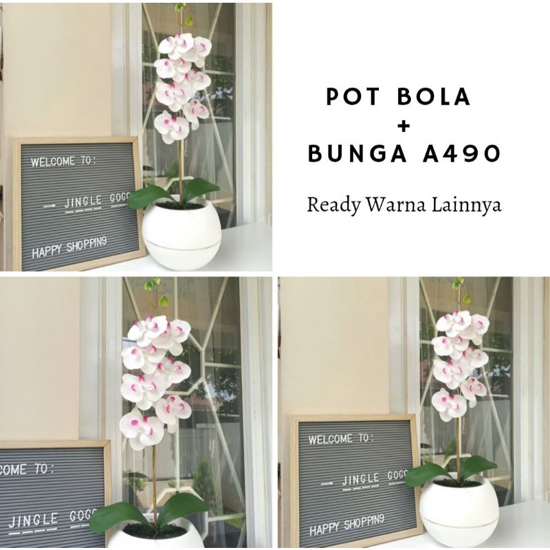 Bunga Anggrek Latex 1 Cabang Rangkaian Bunga Meja Dengan Pot Bola Putih Vas Plastik Tanaman Hias
