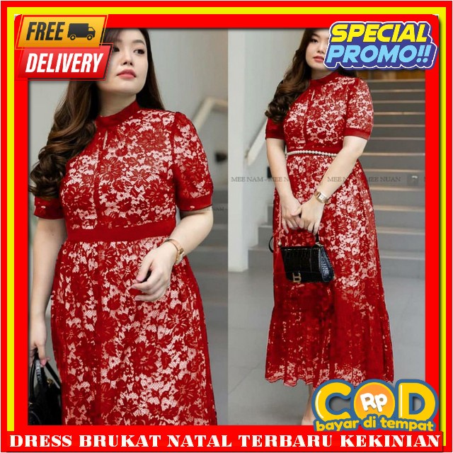 Midi Dress Korea Motif Drees Merah Maroon Dreses Berukat 2024 Dress Natal Wanita Terbaru Korea Gaun 