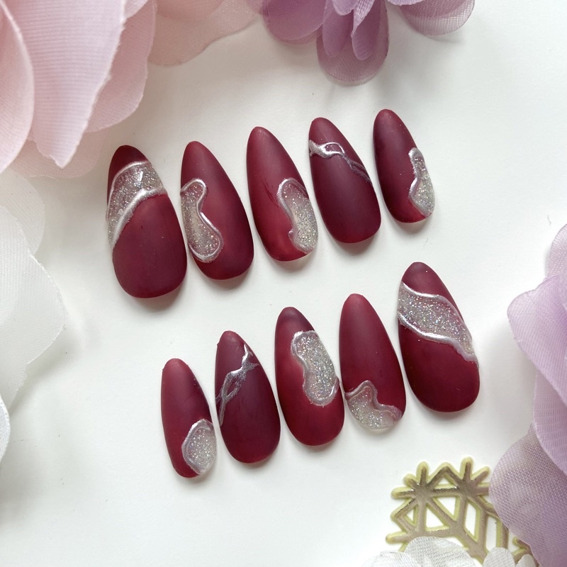 006 Kuku palsu | Fake nails | Press on nails | Nail art Wedding maroon gold chrome (almond)