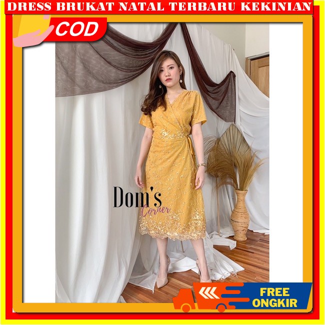 Dress Brokat Terbaru 2023 Dres Wanita Kristen Brukat Pesta Mewah Warna Peach Pink Kuning Dres Brokat