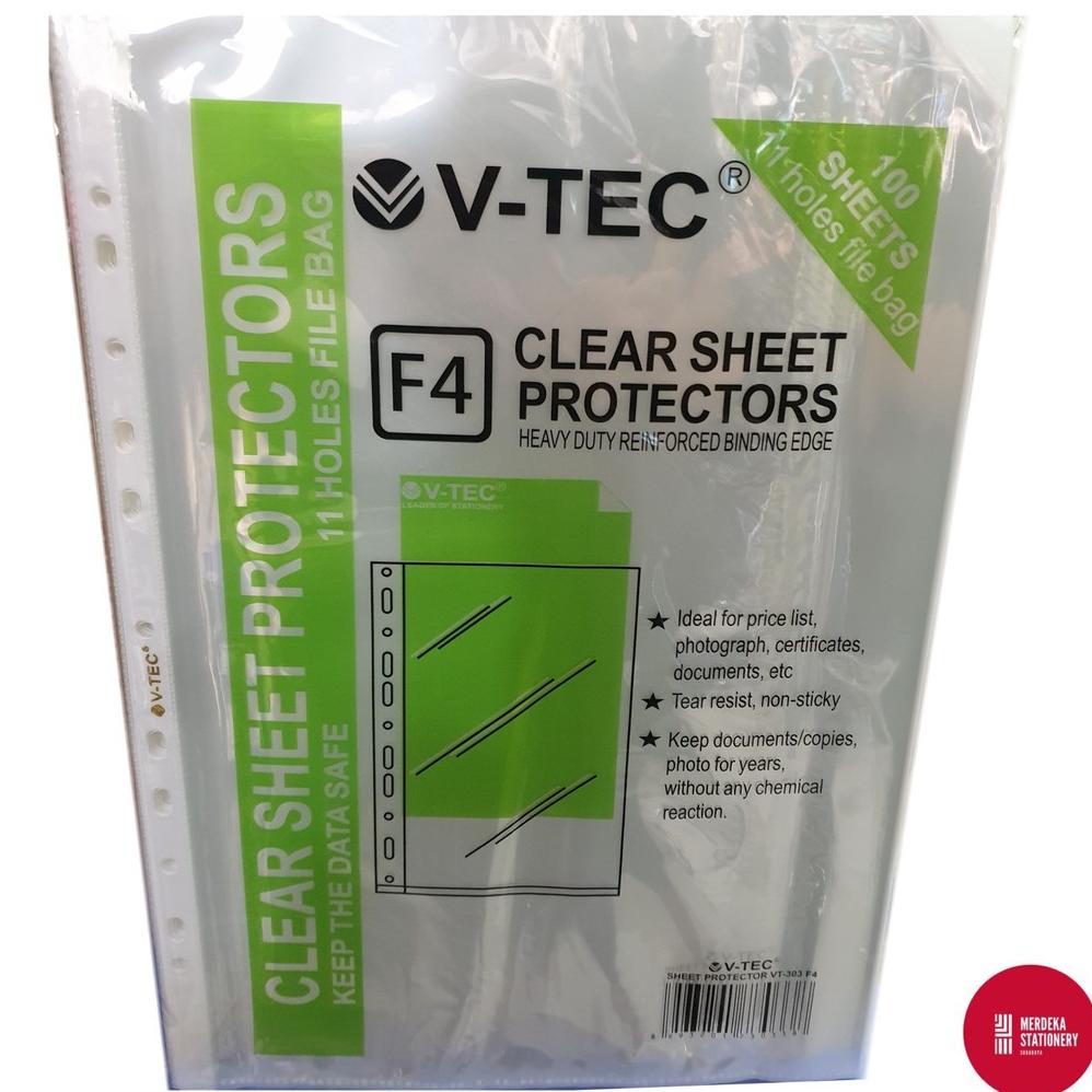 

Berkualitas Clear Sheet Protector V-TEC F4 11 holes/lubang File Bag 100 Lembar ,.