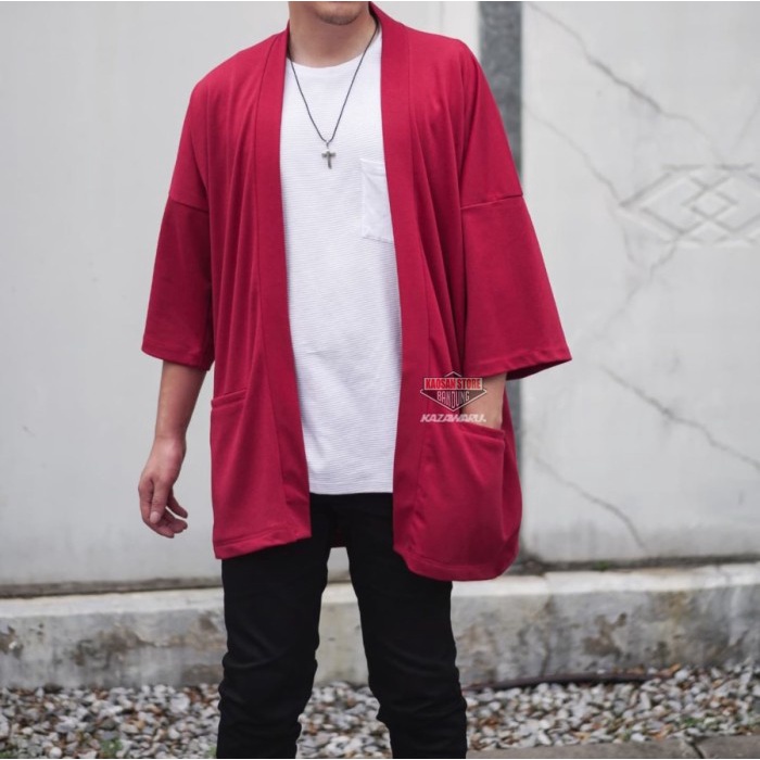 KIMONO OUTER OUTWEAR CARDIGAN JAS JEPANG KOREA JAPAN PRIA COWOK MERAH