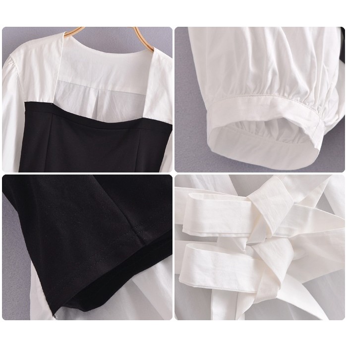 Ab564952 Casual Mini Dress Hitam Putih Polos Pita Wanita Korea Import Terlaris
