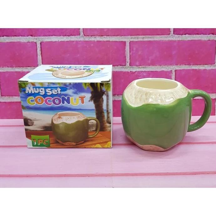 siap kirim] Mug Kelapa Gelas Kelapa Bahan Keramik Motif Kelapa Muda 3D Cantik Unik