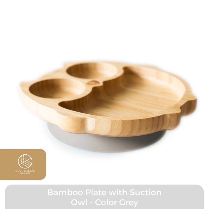 ✅New Eco Rascals Bamboo Owl Plate With Suction - Grey Terbaru