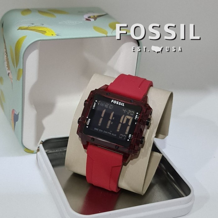 Jam tangan wanita fossil digital kotak transparan - Hitam