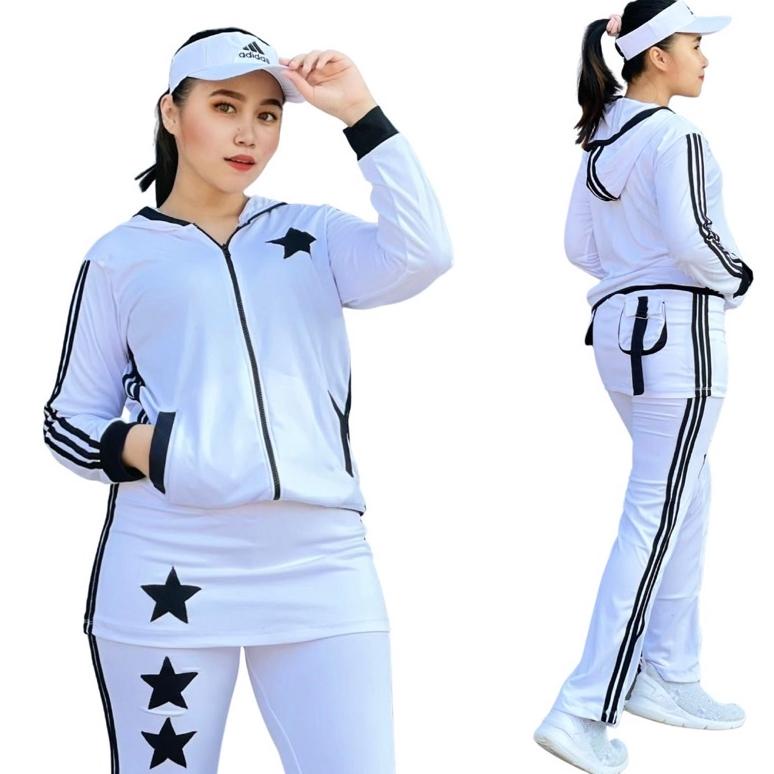 Terbaru Stelan Baju Olahraga Rok Bintang Putih List Hitam Set Senam Setelan Aerobik Zumba Training P