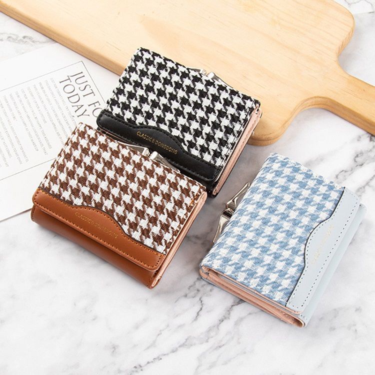 Hong Kong Dompet Kanvas Houndstooth, Dompet Pendek Koin Lipat Gaya Houndstooth