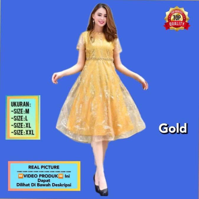 Kuntistore_26 // Baju Pesta Wanita Brukat Sia Gaun Natal Korea Blouse Dress Rose Gold Terbaik