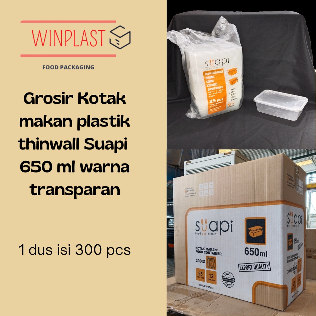 Grosir kotak makan plastik / thinwall Suapi PP 650 ml warna Transparan 1 dus isi 300 pcs