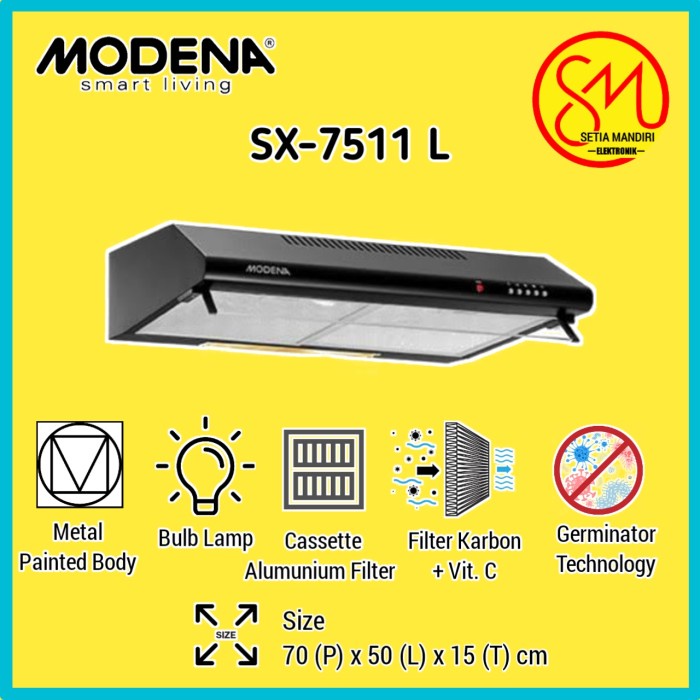 Promo Modena Sx 7511 L 7511L Cooker Hood 70 Cm 2 Lampu 3 Kecepatan Sx7511L