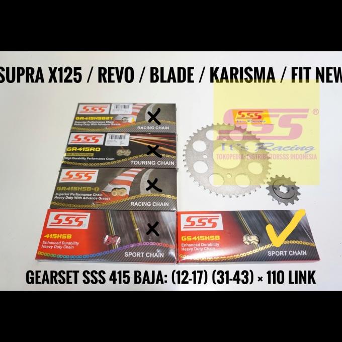 Gearset Girset Sss 415 Supra X125/Revo/Blade, Rantai Sss Gold Hsb