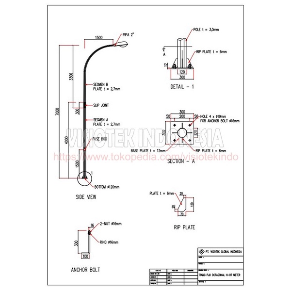 Promo Tiang Lampu Pju Single Arm 7 Meter Tower Jalan Oktagonal Hd Galvanize