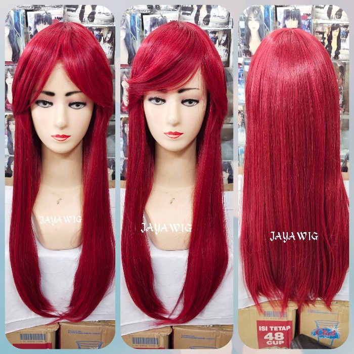 Wig Lurus Panjang Warna Merah Rambut Palsu Wanita