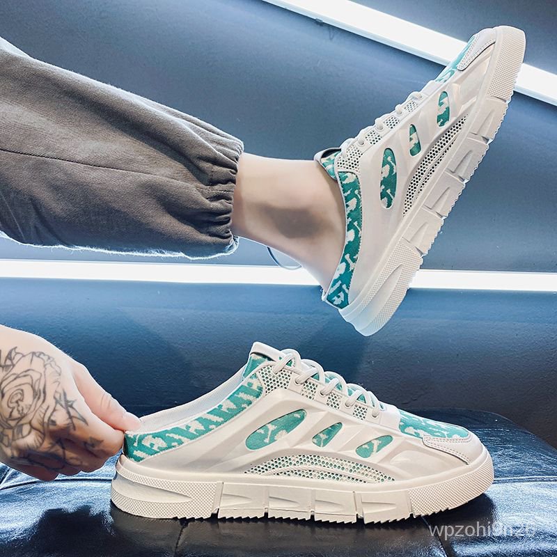 Sepatu Slip-On Pria, Sneaker Malas Ringan Bernafas Merah Putih Jala Setengah Selop