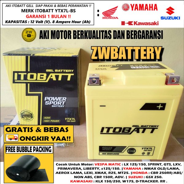 Aki Vespa Primavera ITOBATT GEL YTX7L-BS 12v 8Ah