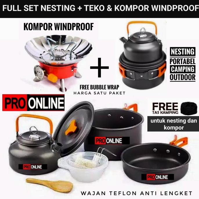 Nesting Teko & Kompor Windproof Kemping Gunung Cooking Set Camping Pengiriman Cepat
