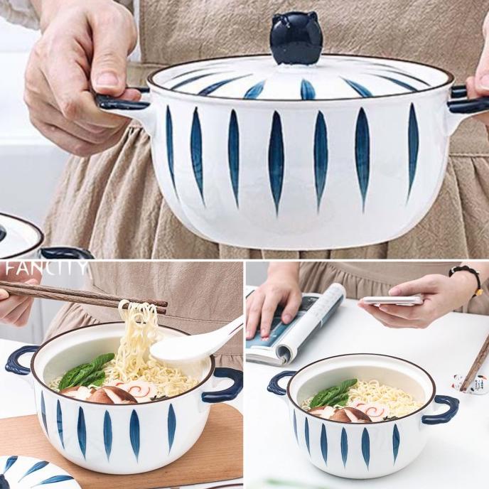 FANCTY Mangkok Keramik Jepang dengan Tutup Gagang Mie Sup Sayur HFS