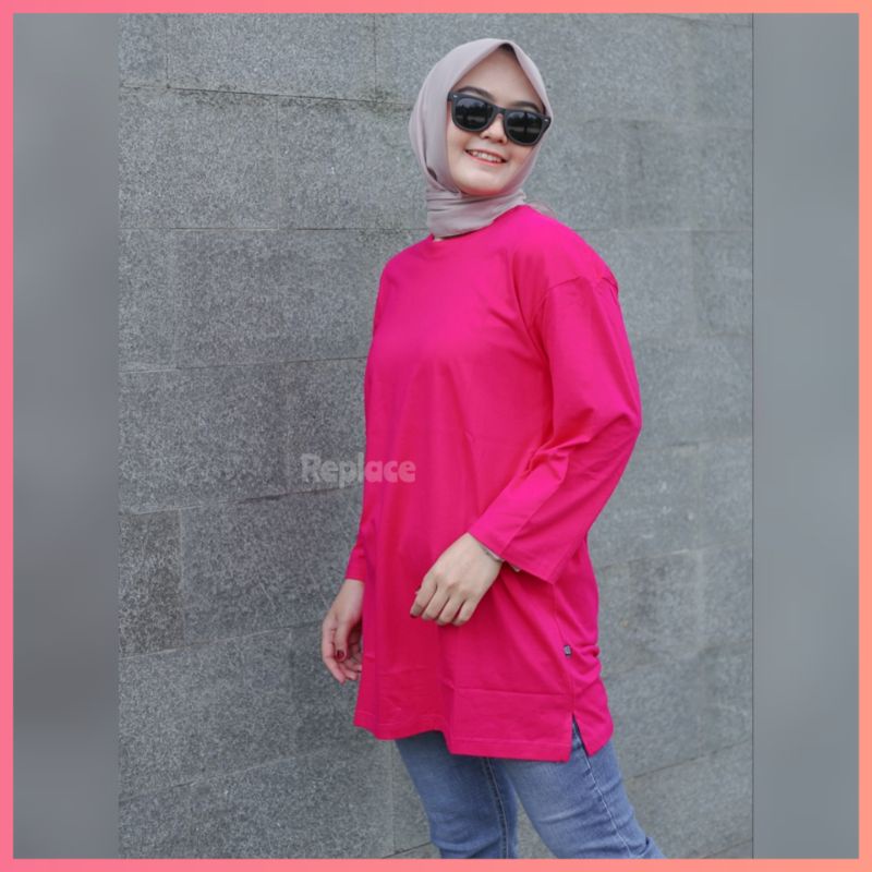 Kaos Polos Oversize Wanita Slit Basic Lengan Panjang 7/8 Atasan Jumbo Muslimah