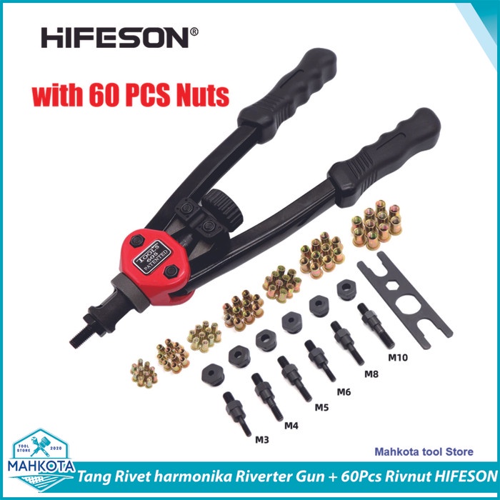 Tang Rivet / Ripet / Riverter Gun + 60Pcs Nut Rivet Hifeson Original 100% Dan Terpercaya