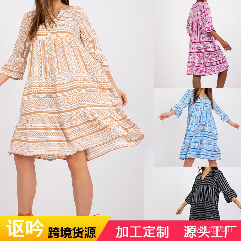 Casual Loose Dress Cross-Border Mid-Skirt2022Amazon AliExpress Summer New Fashion Printing Dress Wom