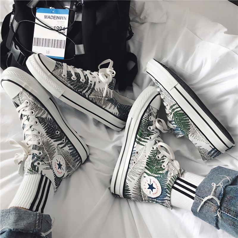 Sepatu Kanvas Pria High-Top Sepatu Kanvas Grafiti Trendi