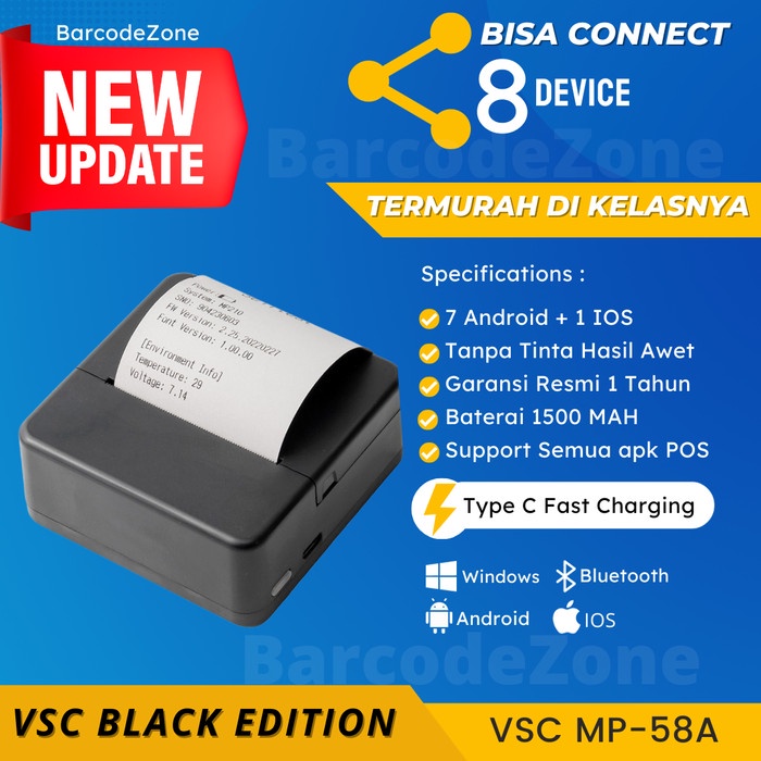 Printer Bluetooth Thermal Kasir Vsc Mp-58A Thermal Printer - Hitam Ready