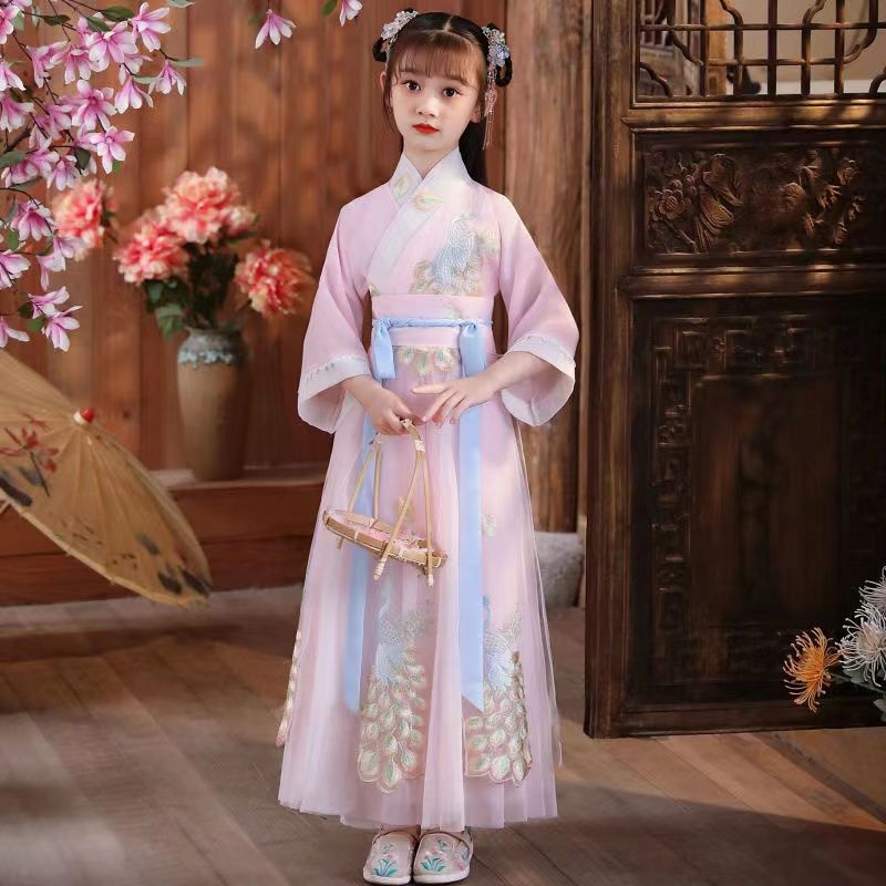 Kostum Kuno Anak-anak, Hanfu Gaun Lengan Panjang Segar Elegan Gaya Cina Bordir