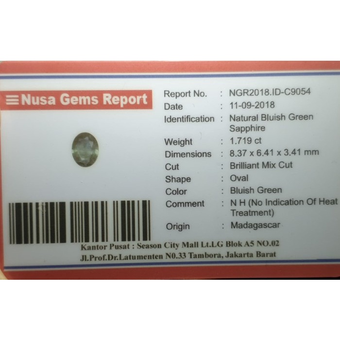 [Baru] Natural 1.719Ct Green Sapphire No Heat Plus Memo Diskon