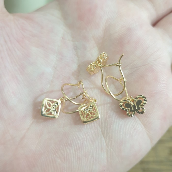 [Baru] Anting Desi Ubs Gantung Kupu Kotak Bunga Daun Rosegold Emas Asli 375 Berkualitas
